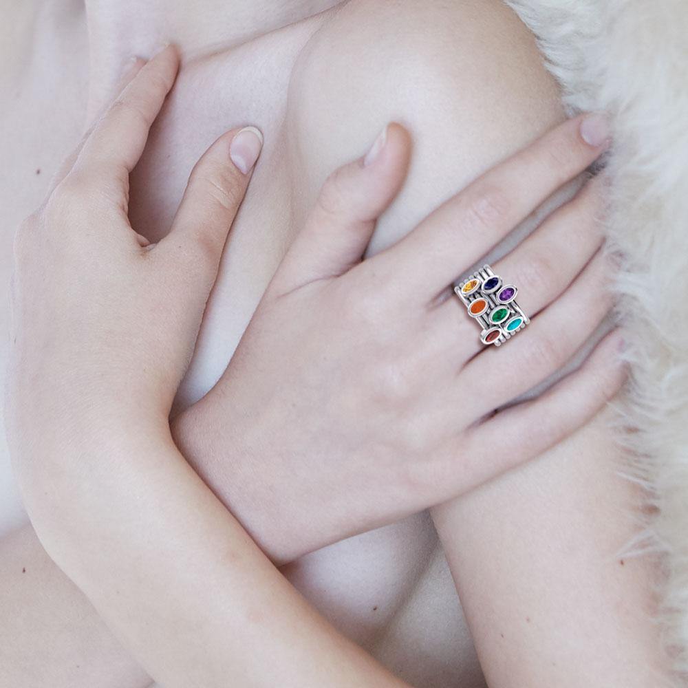 Oval Chakra Gemstone on Silver Stack Ring TRI1856 - Jewelry