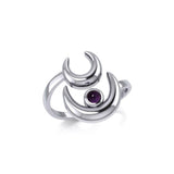 Double Crescent Moon Silver Wrap Ring with Gemstone TRI1892