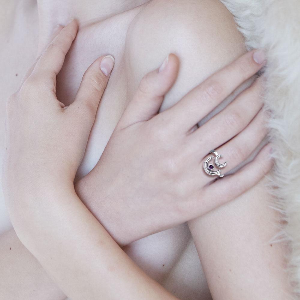 Double Crescent Moon Silver Wrap Ring with Gemstone TRI1892 - Jewelry