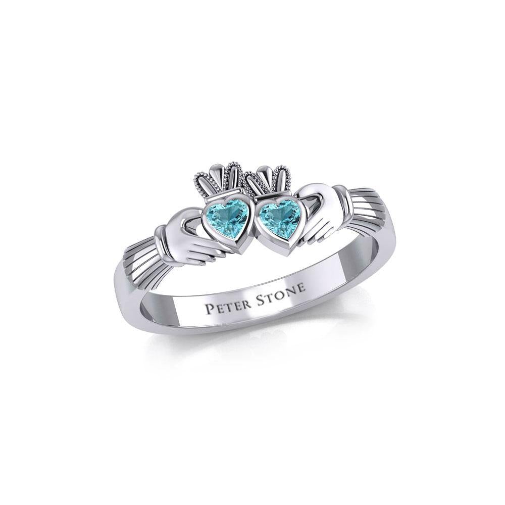 Irish Double Claddagh Silver Ring with Gemstone TRI1900 - Jewelry