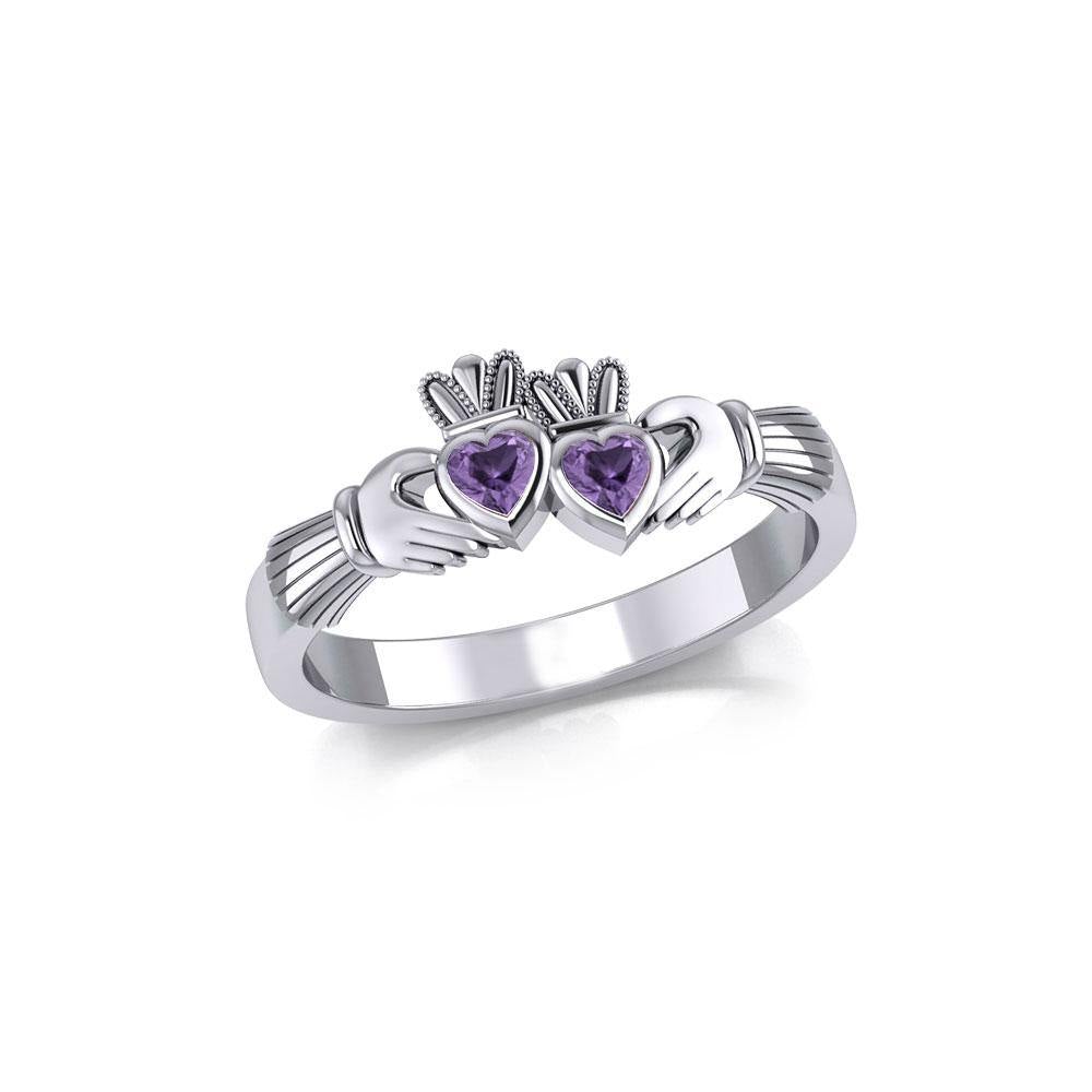 Irish Double Claddagh Silver Ring with Gemstone TRI1900 - Jewelry