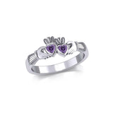 Irish Double Claddagh Silver Ring with Gemstone TRI1900 - Jewelry