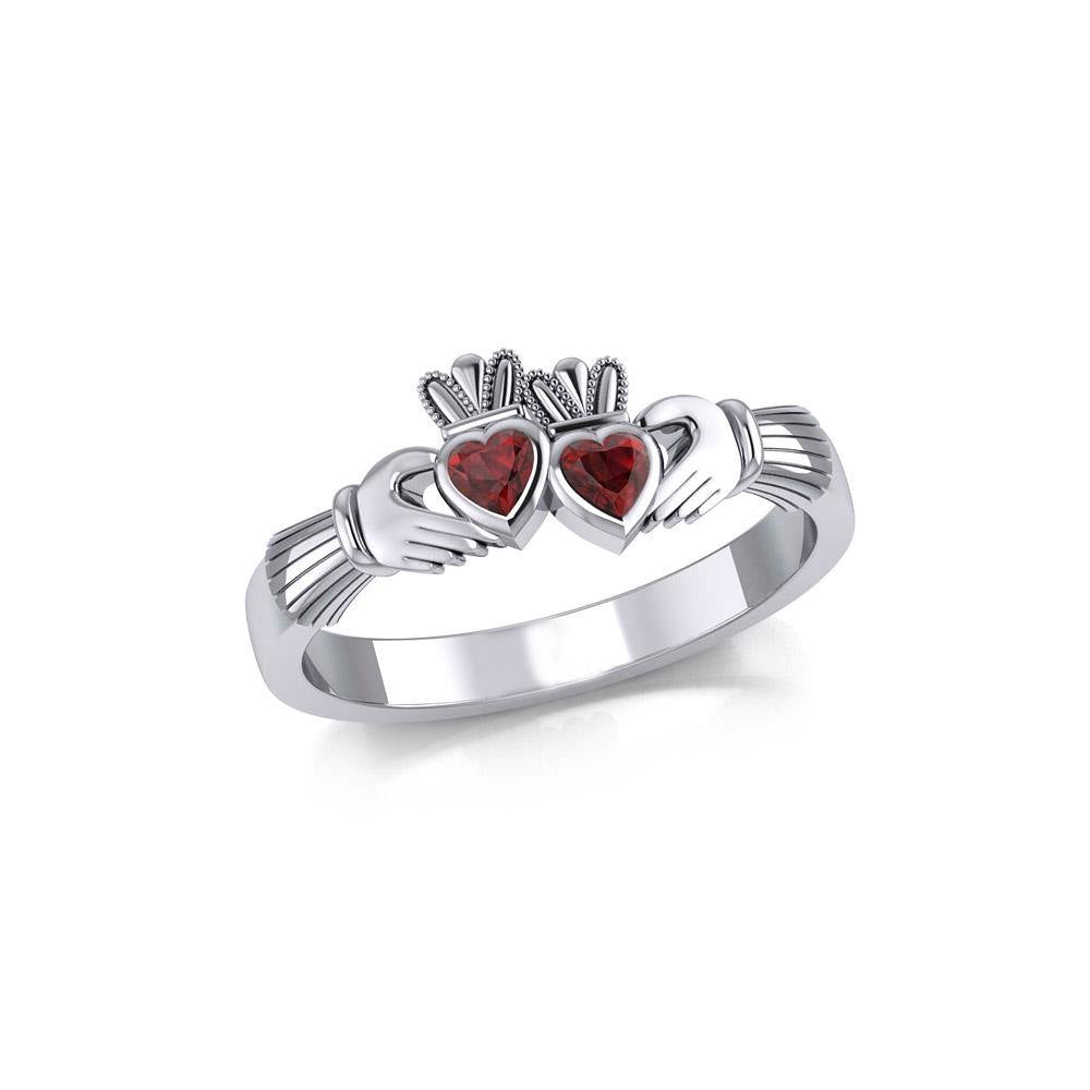 Irish Double Claddagh Silver Ring with Gemstone TRI1900 - Jewelry