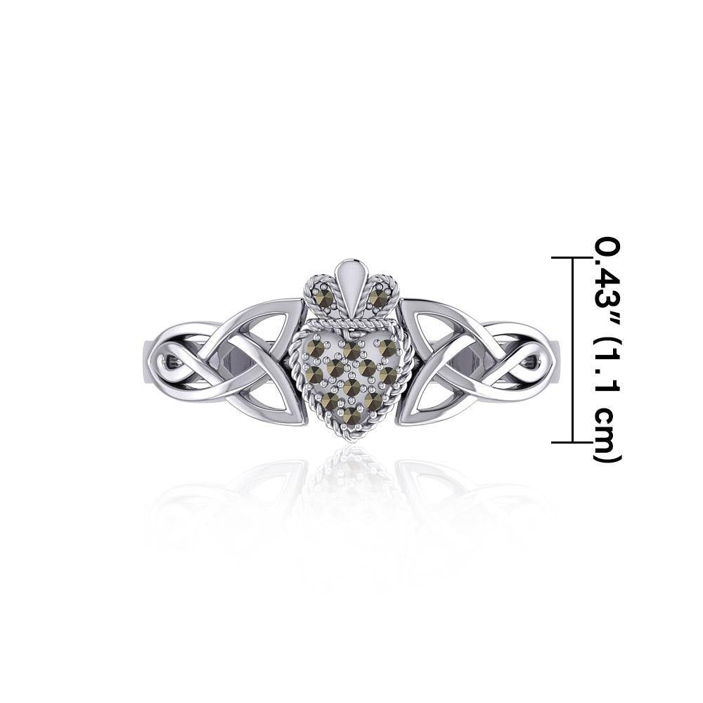 Irish Claddagh and Celtic Knotwork Silver Ring with Marcasite TRI1904 - Jewelry