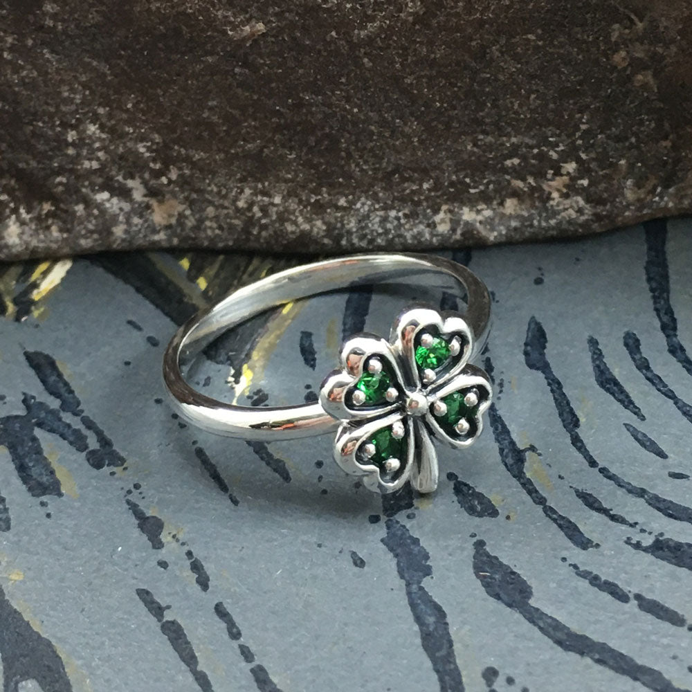 Lucky Four Leaf Clover Sterling Silver Ring with Gemstone TRI1934