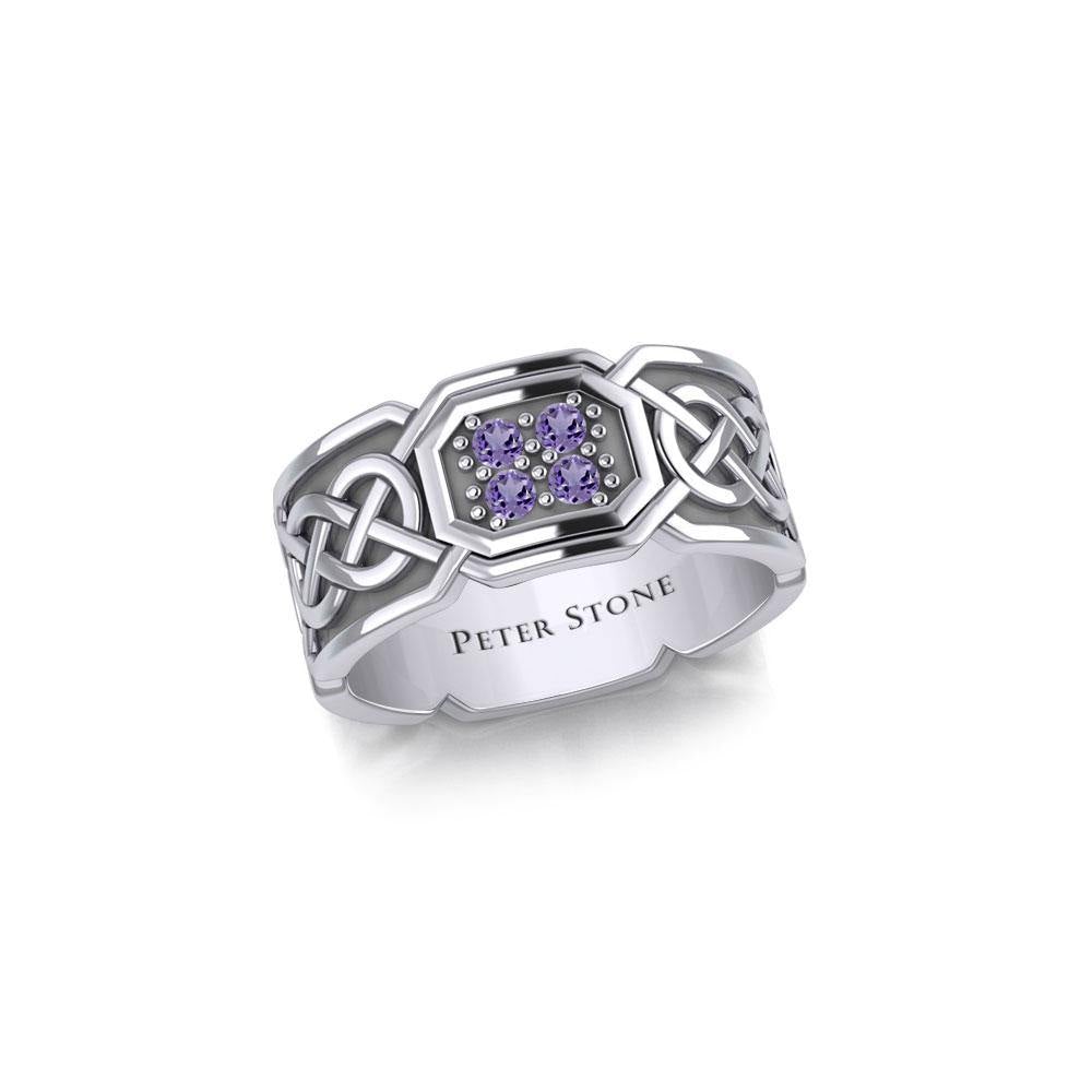 Celtic Knotwork Silver Band Ring with Gemstones TRI1947 - Jewelry