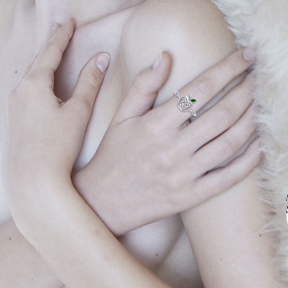 Celtic Spiritual Fruit Apple with Double Heart Silver Ring with Gemstone TRI2277