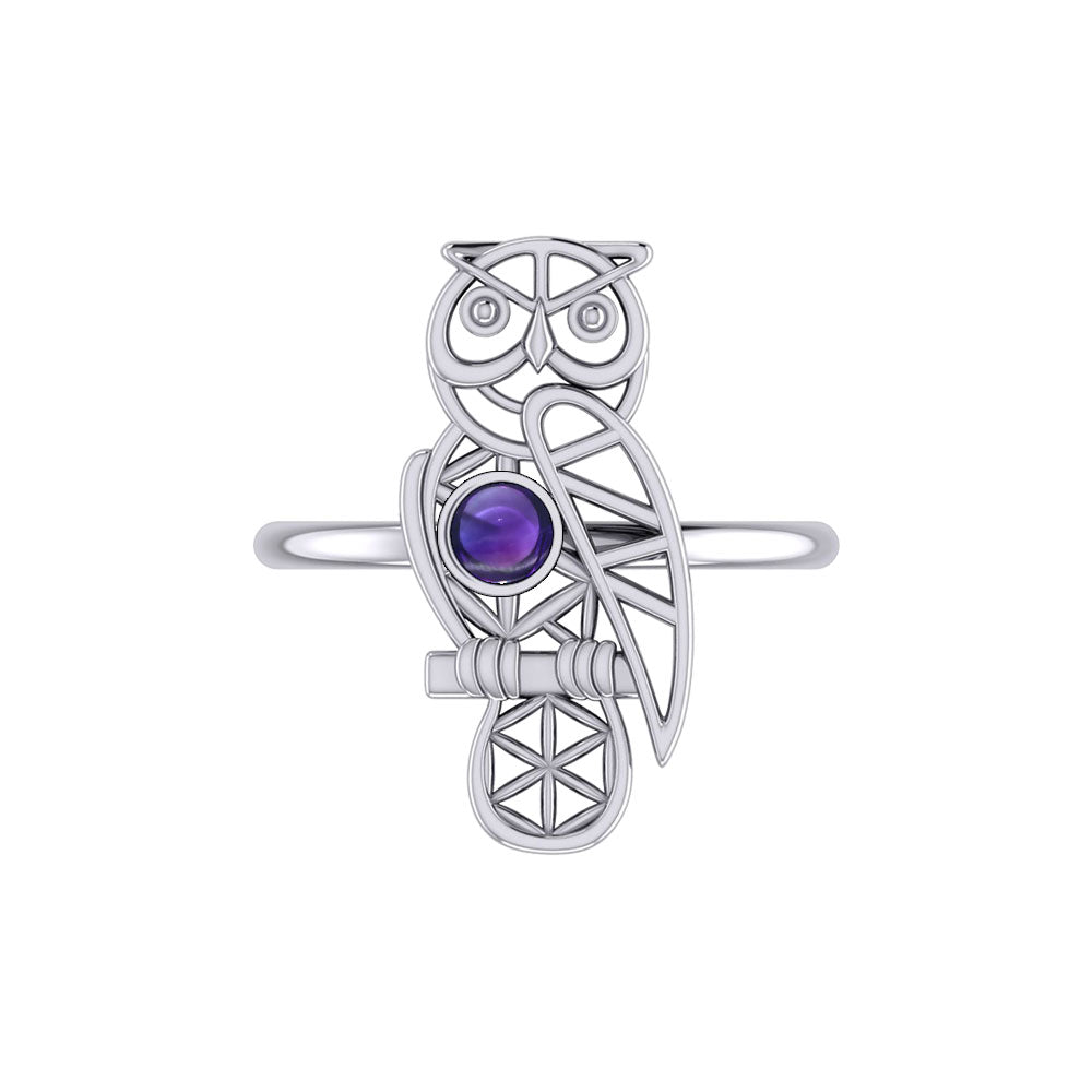 Silver Flower of Life Owl Ring With Gemstone TRI2407