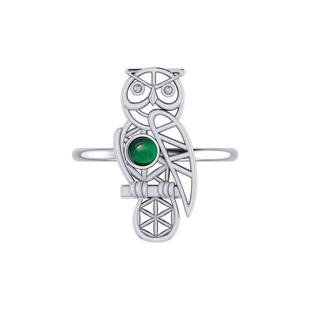 Silver Flower of Life Owl Ring With Gemstone TRI2407