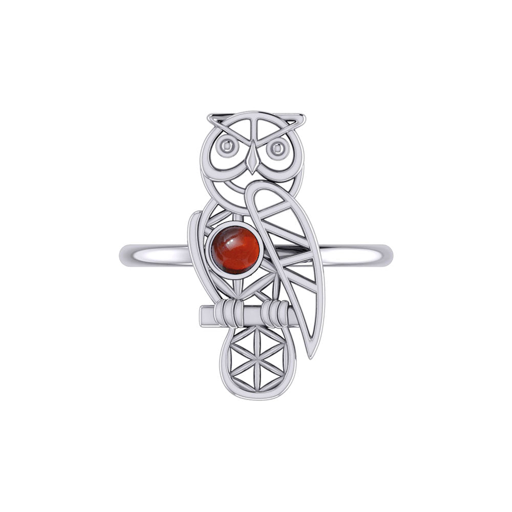 Silver Flower of Life Owl Ring With Gemstone TRI2407