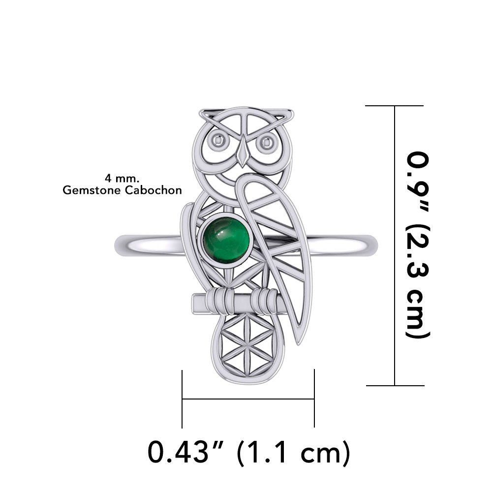 Silver Flower of Life Owl Ring With Gemstone TRI2407