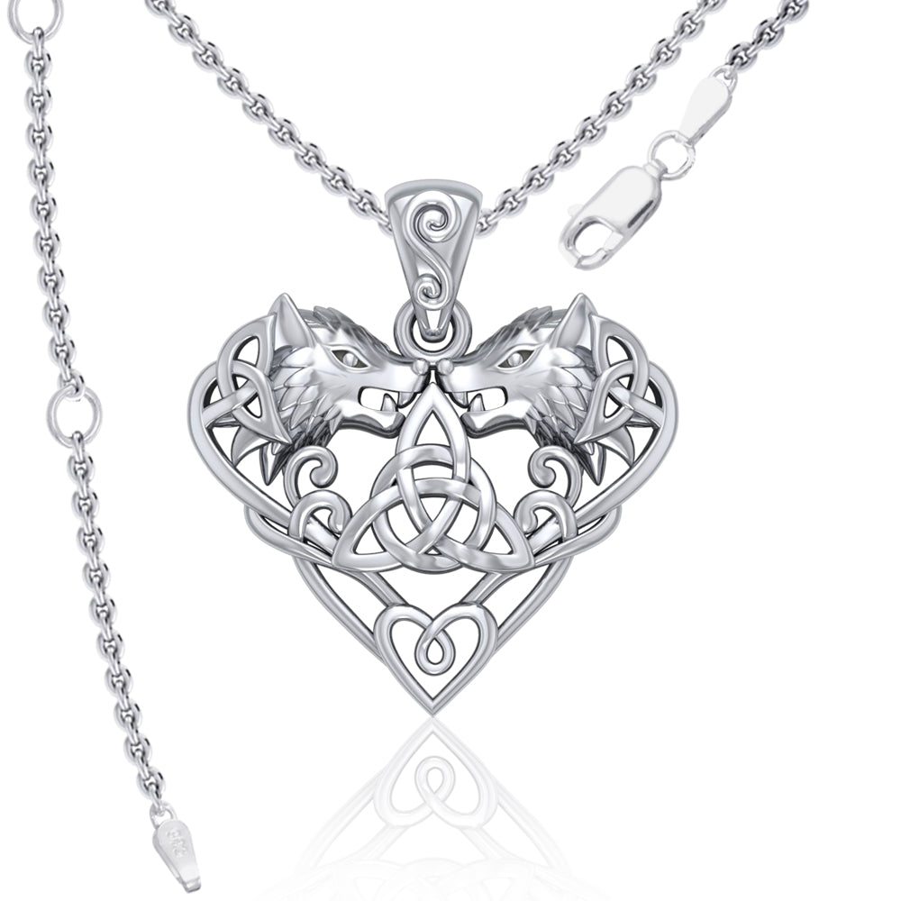 Wolves with Celtic Triquetra in Heart Sterling Silver Pendant TPD5212