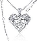 Wolves with Celtic Triquetra in Heart Sterling Silver Pendant TPD5212