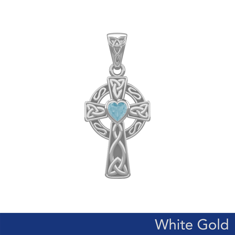 Celtic Cross White Gold Pendant with Heart Gemstone WPD5337