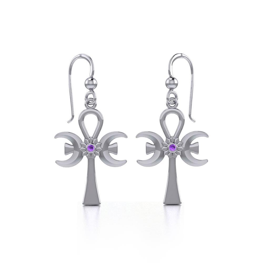 A breath of life ~ Sterling Silver Triple Goddess Ankh Hook Earrings with Gemstone TER1708 - Jewelry