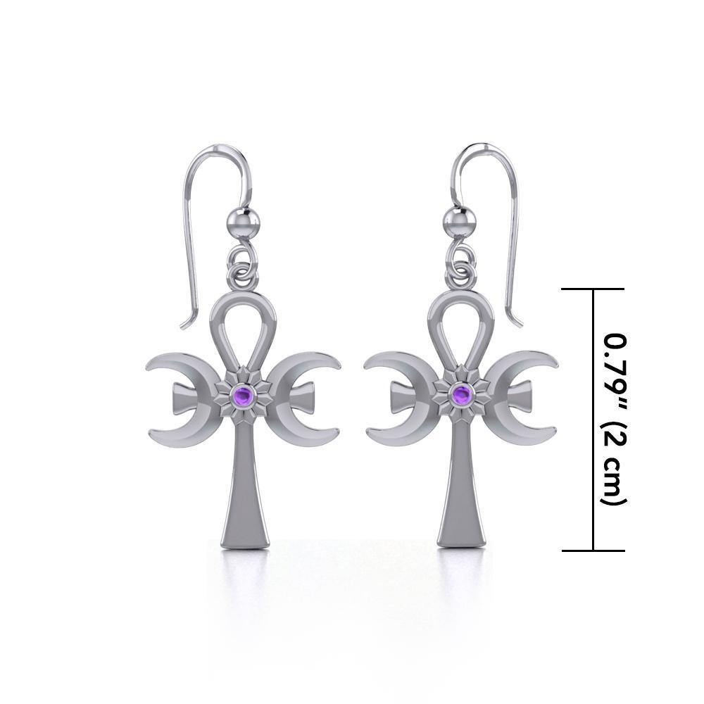 A breath of life ~ Sterling Silver Triple Goddess Ankh Hook Earrings with Gemstone TER1708 - Jewelry