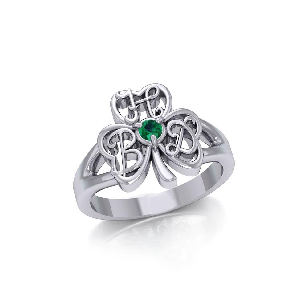 HBD Happy Birthday Monogramming Shamrock Clover Silver Gemstone Ring TRI1751 - Jewelry