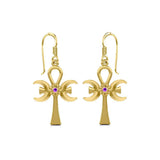 A breath of life ~ Solid Yellow Gold Triple Goddess Ankh Hook Earrings with Gemstone GER1708