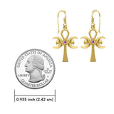 A breath of life ~ Solid Yellow Gold Triple Goddess Ankh Hook Earrings with Gemstone GER1708