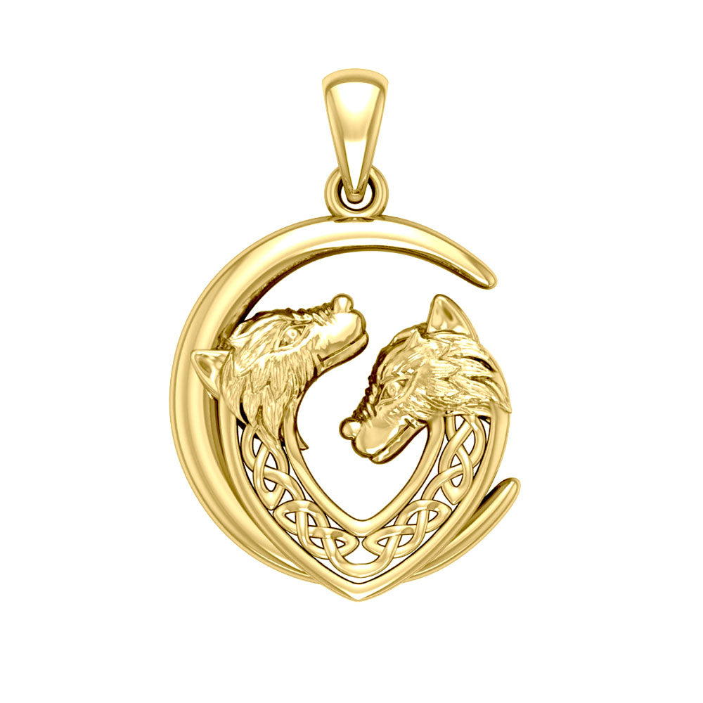 Double Celtic Wolves with Crescent Moon Solid Gold Pendant GPD6042