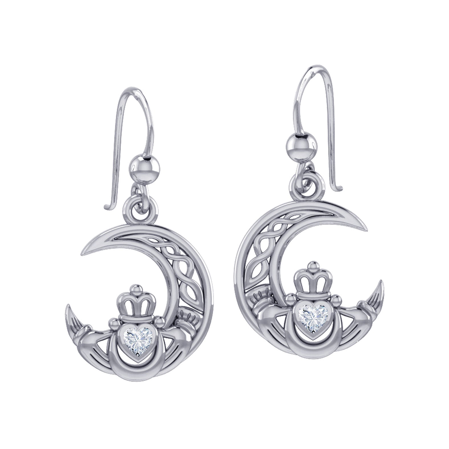 Claddagh on Celtic Moon Silver Earrings with Heart Gemstone TER2173