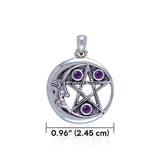 Crescent Moon Face And Pentacle Sterling Silver Pendant TP3143