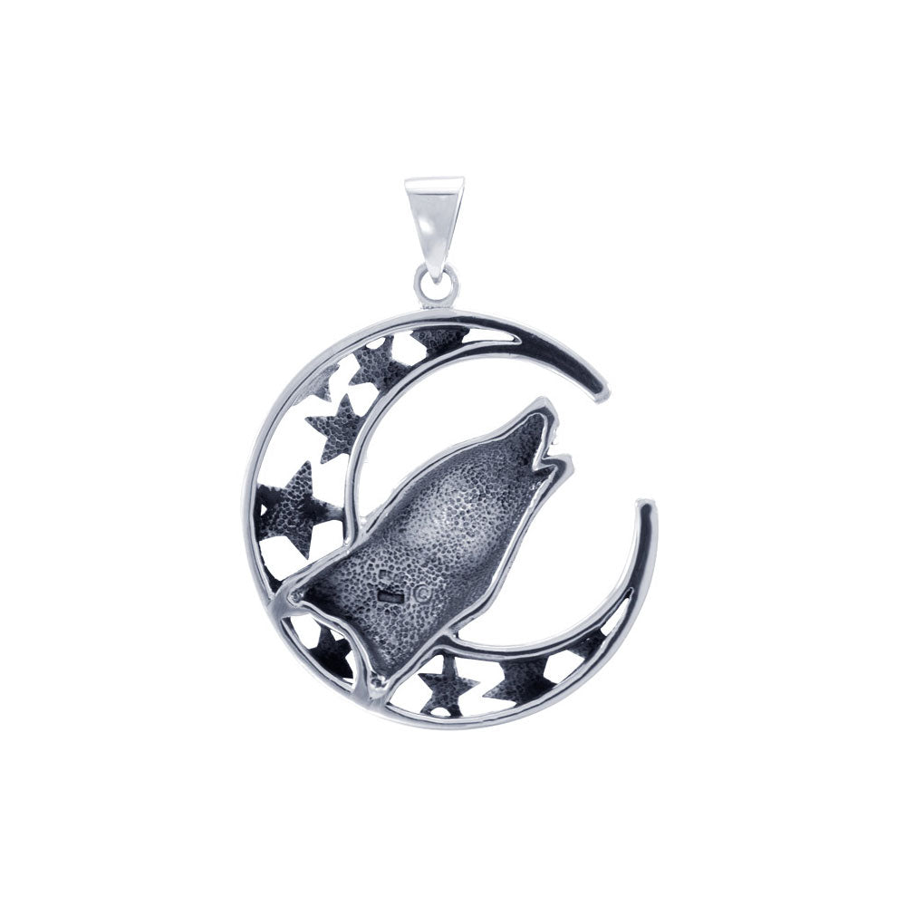 Baying Wolf and Moon Silver Pendant