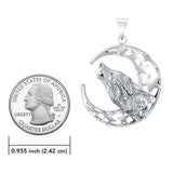 Baying Wolf and Moon Silver Pendant