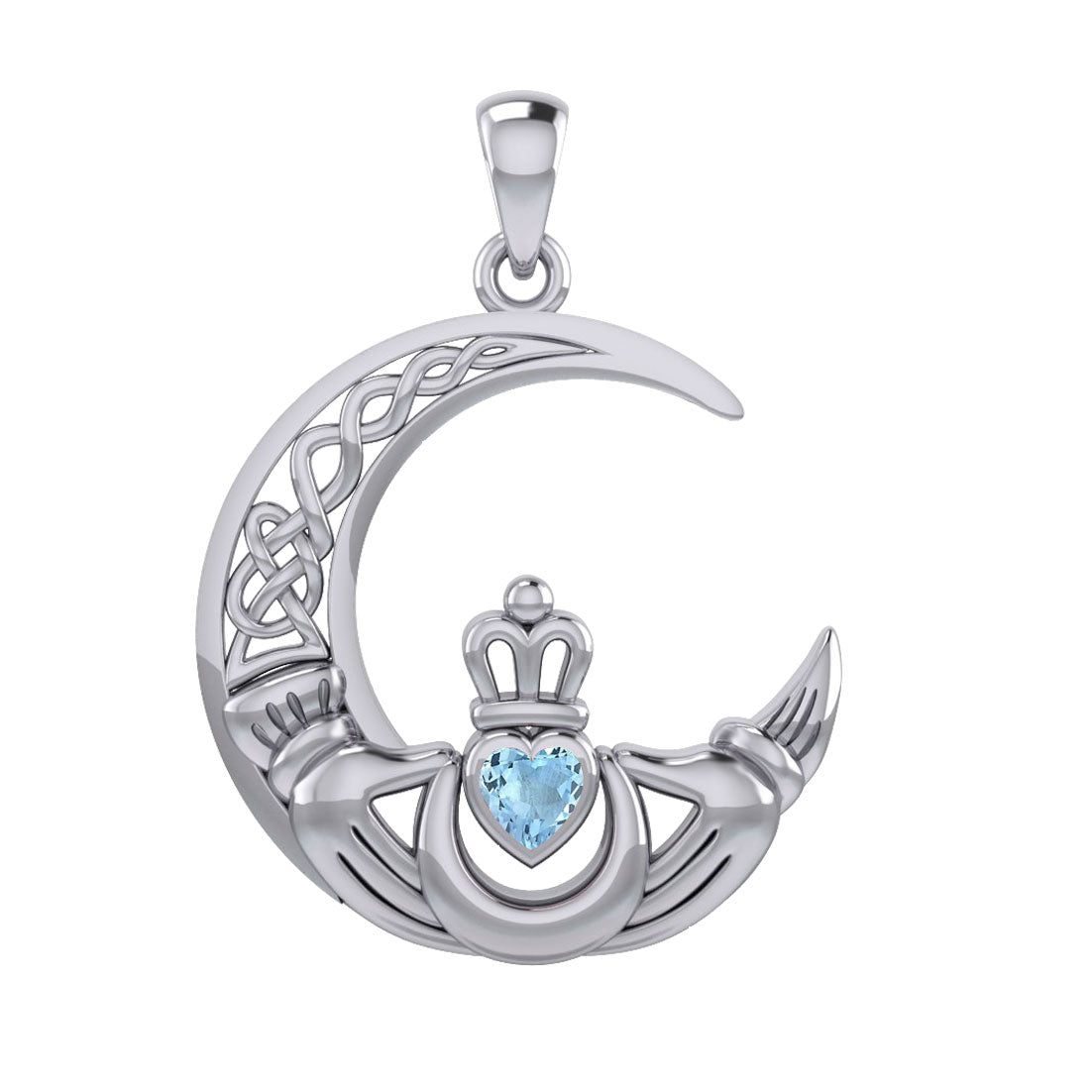 Claddagh on Celtic Moon Silver Pendant with Heart Gemstone TPD6125