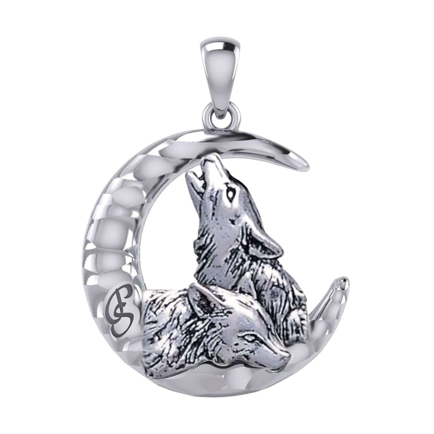 Peter Stone Double Wolves with Crescent Moon Silver Pendant TPD6137