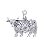 Highland Cow with Thistle and Gemstone Silver Pendant TPD6141