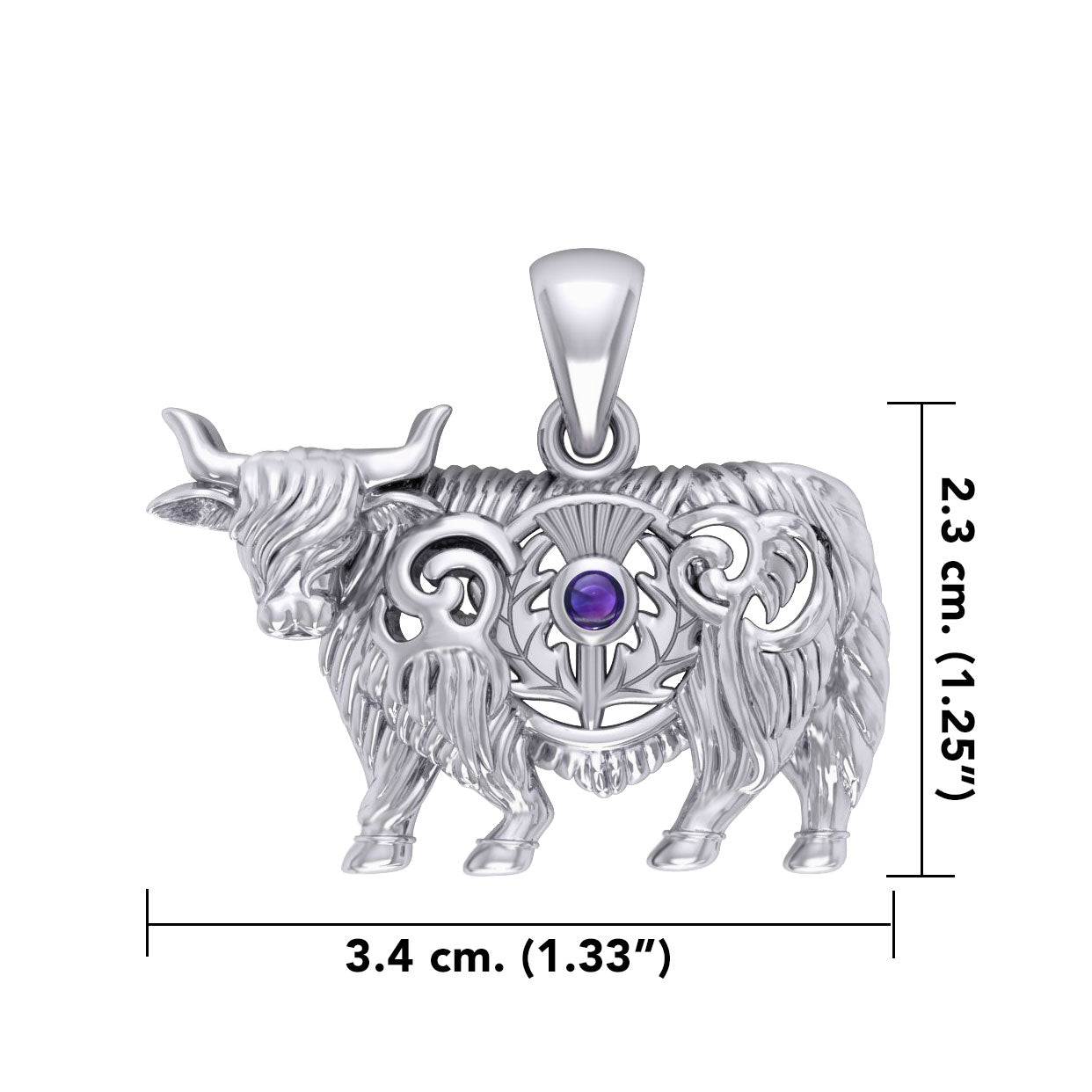Highland Cow with Thistle and Gemstone Silver Pendant TPD6141