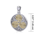 Celtic Three Single Spirals Triquetra Silver and 14K Gold accent Pendant TPV346