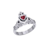 Claddagh with Crescent Moon Silver Ring with Heart Gemstone TRI2410