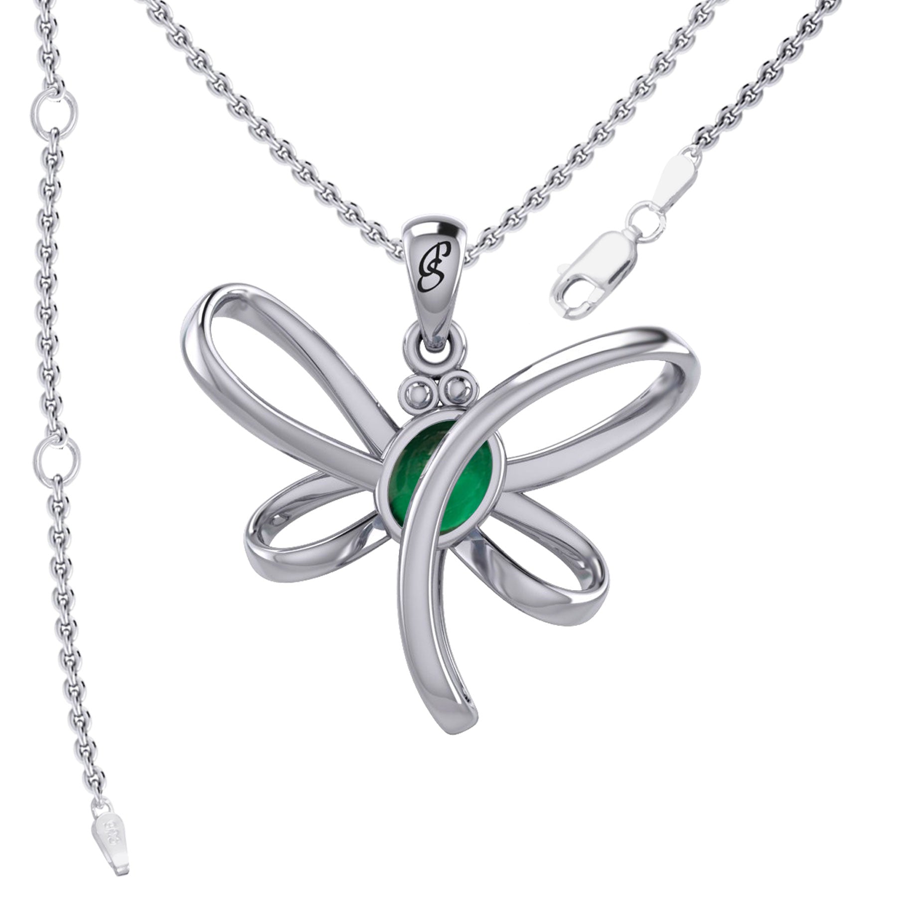 Serenity Soars: Eternal Dragonfly Sterling Silver Pendant with Oval Gemstone Connection by Peter Stone Jewelry - Inspiring Your Journey to Success TPD6212