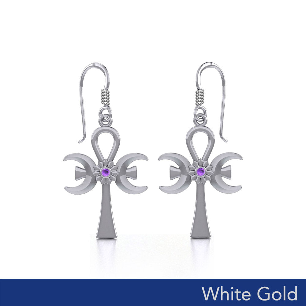 A breath of life ~ Solid White Gold Triple Goddess Ankh Hook Earrings with Gemstone WER1708