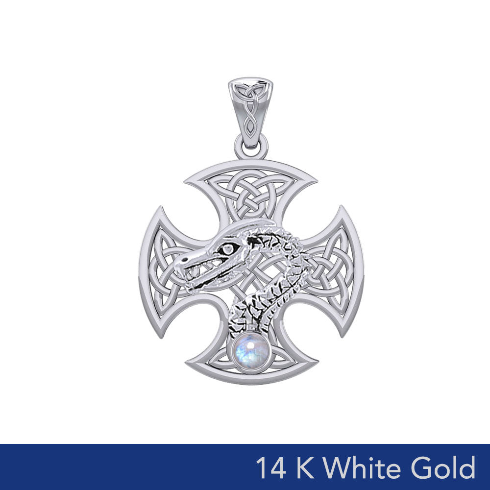 Dragon with Celtic Cross 14K White Gold Pendant WPD5818