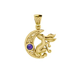 Rabbit on Celtic Crescent Moon Gold Pendant with Gemstone GPD4291