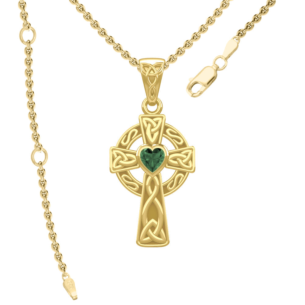 Celtic Cross Yellow Gold Pendant with Heart Gemstone GPD5337