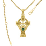 Celtic Cross and Irish Claddagh Yellow Gold Pendant with Heart Gemstone GPD5340