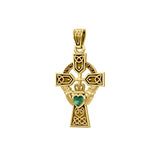Celtic Cross and Irish Claddagh 14K Yellow Gold Pendant with Heart Gemstone GPD5340