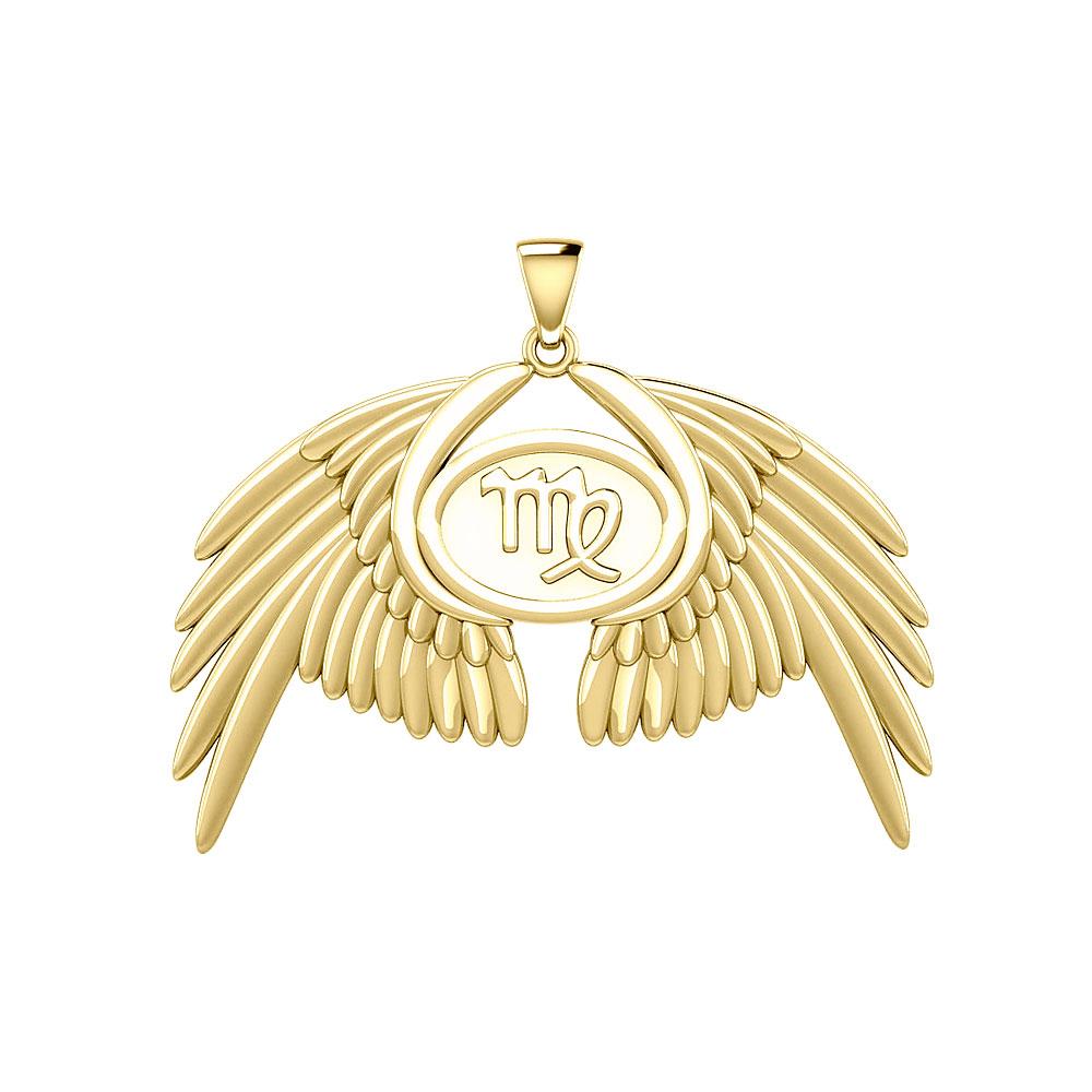 Guardian Angel Wings Solid Gold Pendant with Virgo Zodiac Sign GPD5520