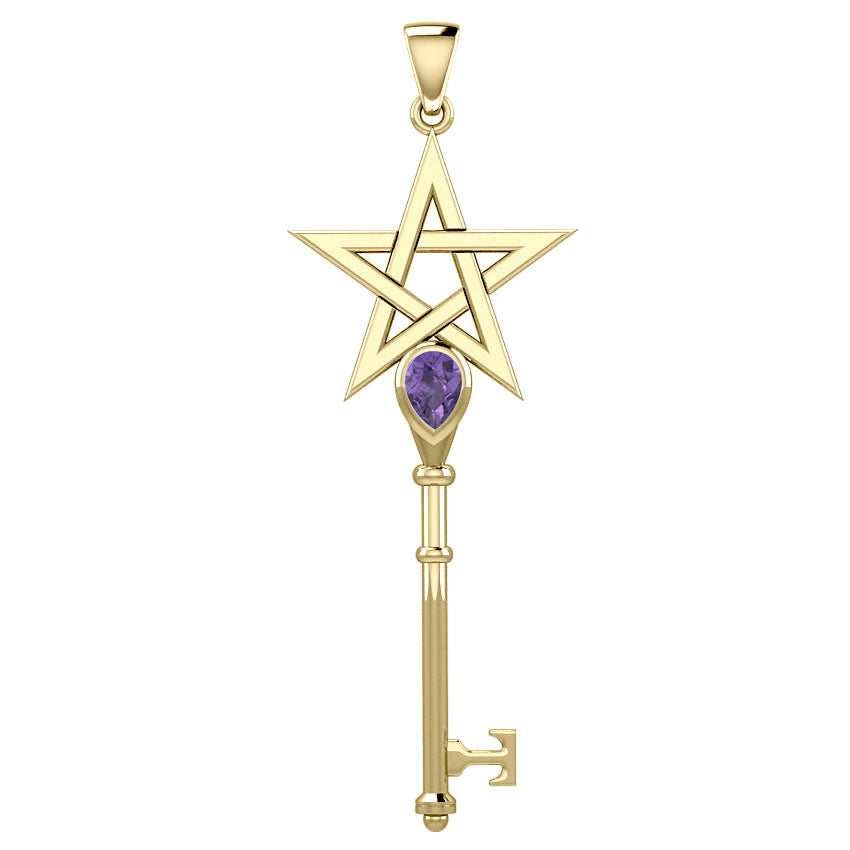 Pentagram Spiritual Enchantment Key Solid Gold Pendant with Gem GPD5713