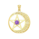 14K Yellow Gold Celtic Crescent moon with Pentacle Pendant GTP474