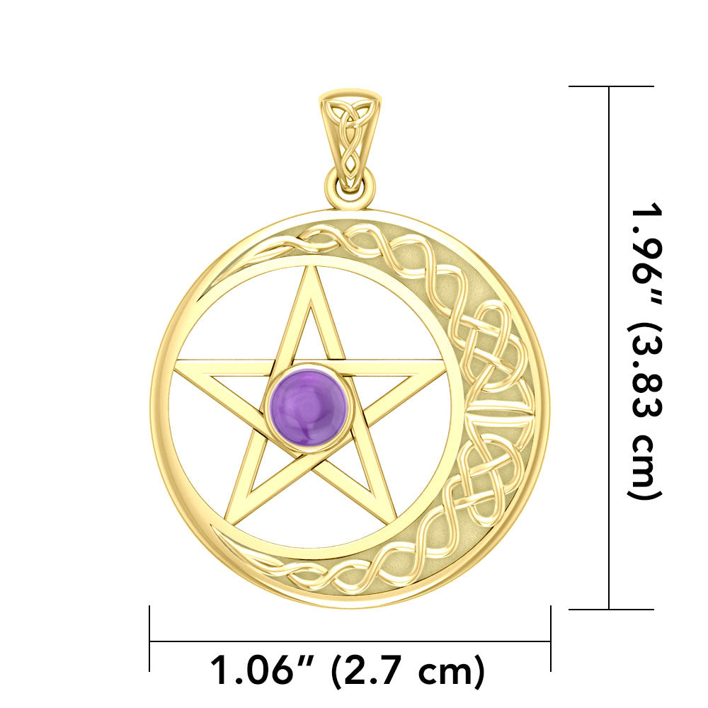 14K Yellow Gold Celtic Crescent moon with Pentacle Pendant GTP474
