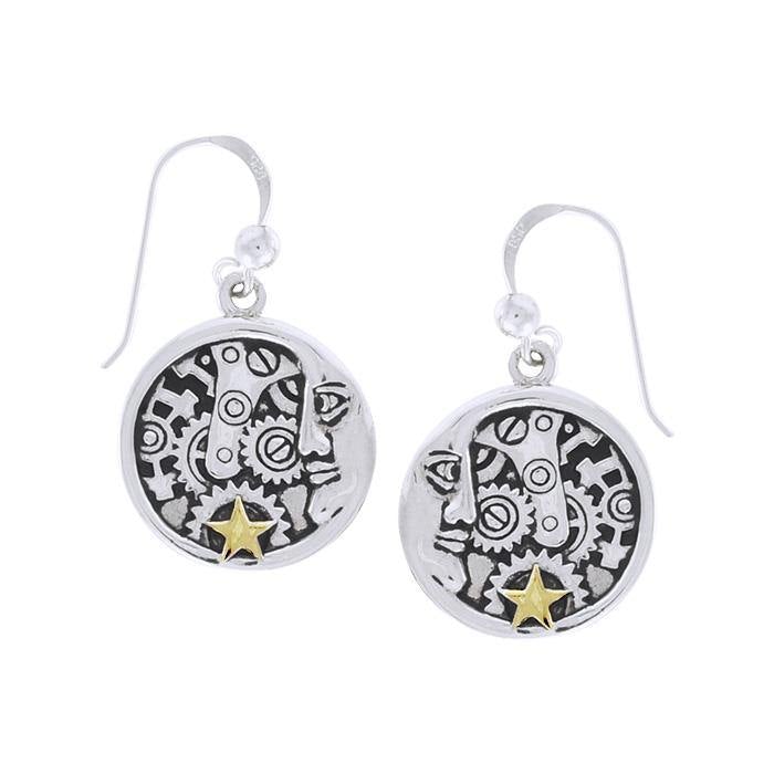 Moon Face Steampunk Silver and Gold Earrings MER1360 - Jewelry