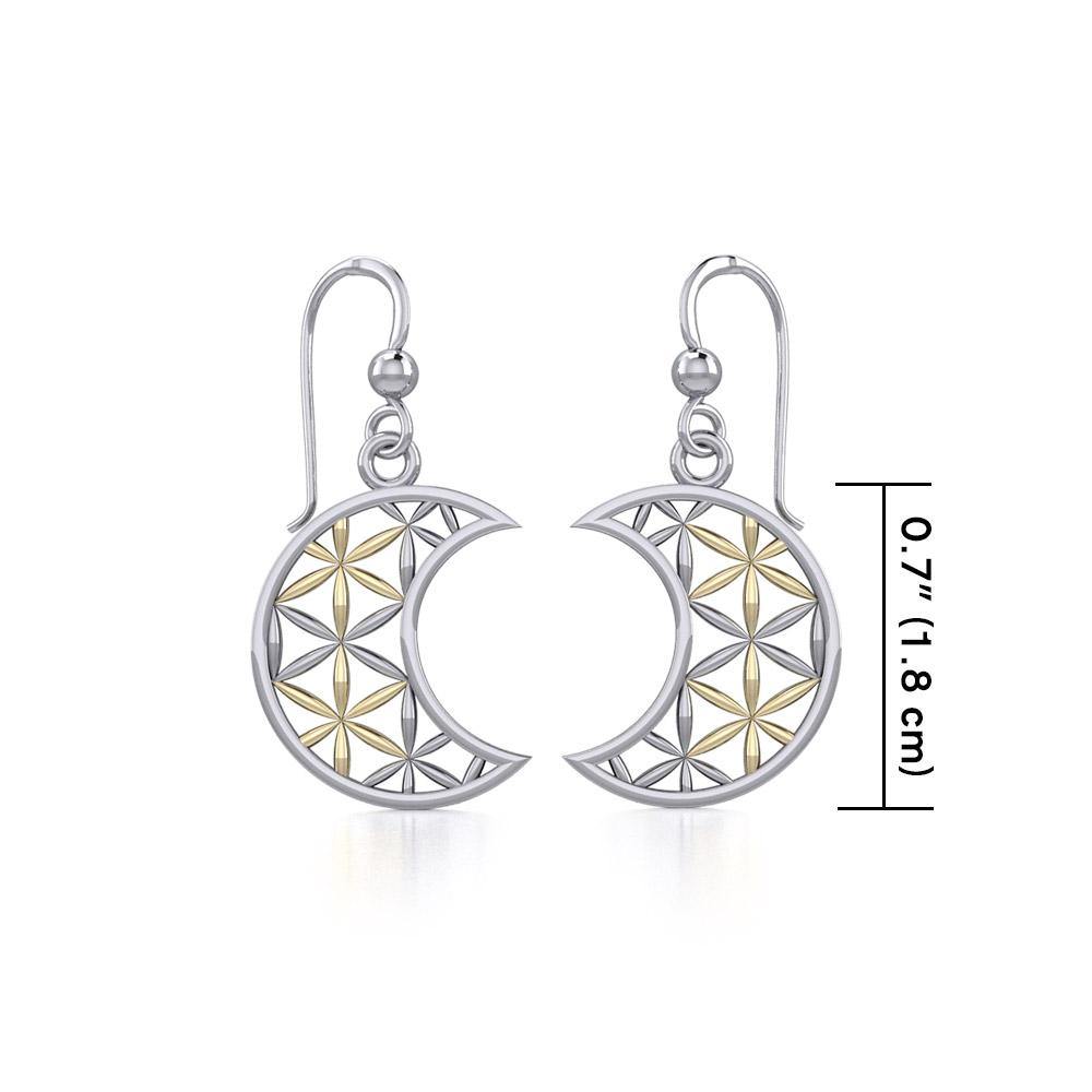 The Flower of Life in Crescent Moon Silver and Gold Earrings MER1780 - Jewelry