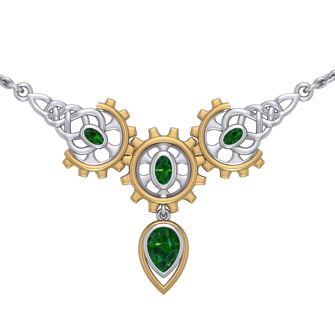 Steampunk Celtic Silver and Gold Accent Necklace with Gemstone MNC550