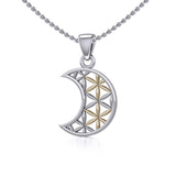 The Flower of Life in Crescent Moon Silver and Gold Pendant MPD5265 - Jewelry