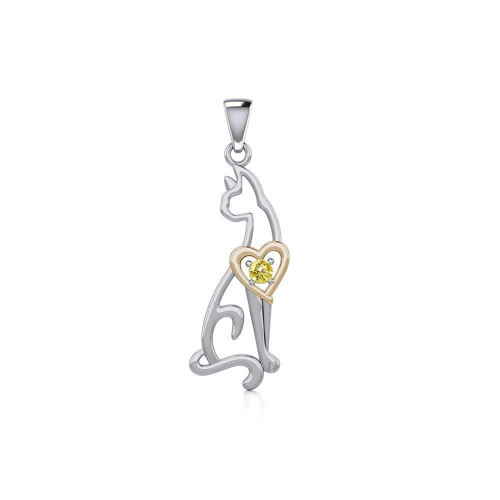 Lovely Heart Cat Silver and Gold Pendant with Gem MPD5273 - Jewelry